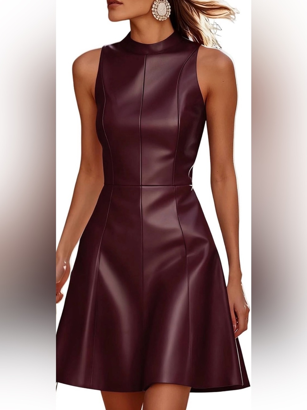 Wine Faux Leather A-Line Dress